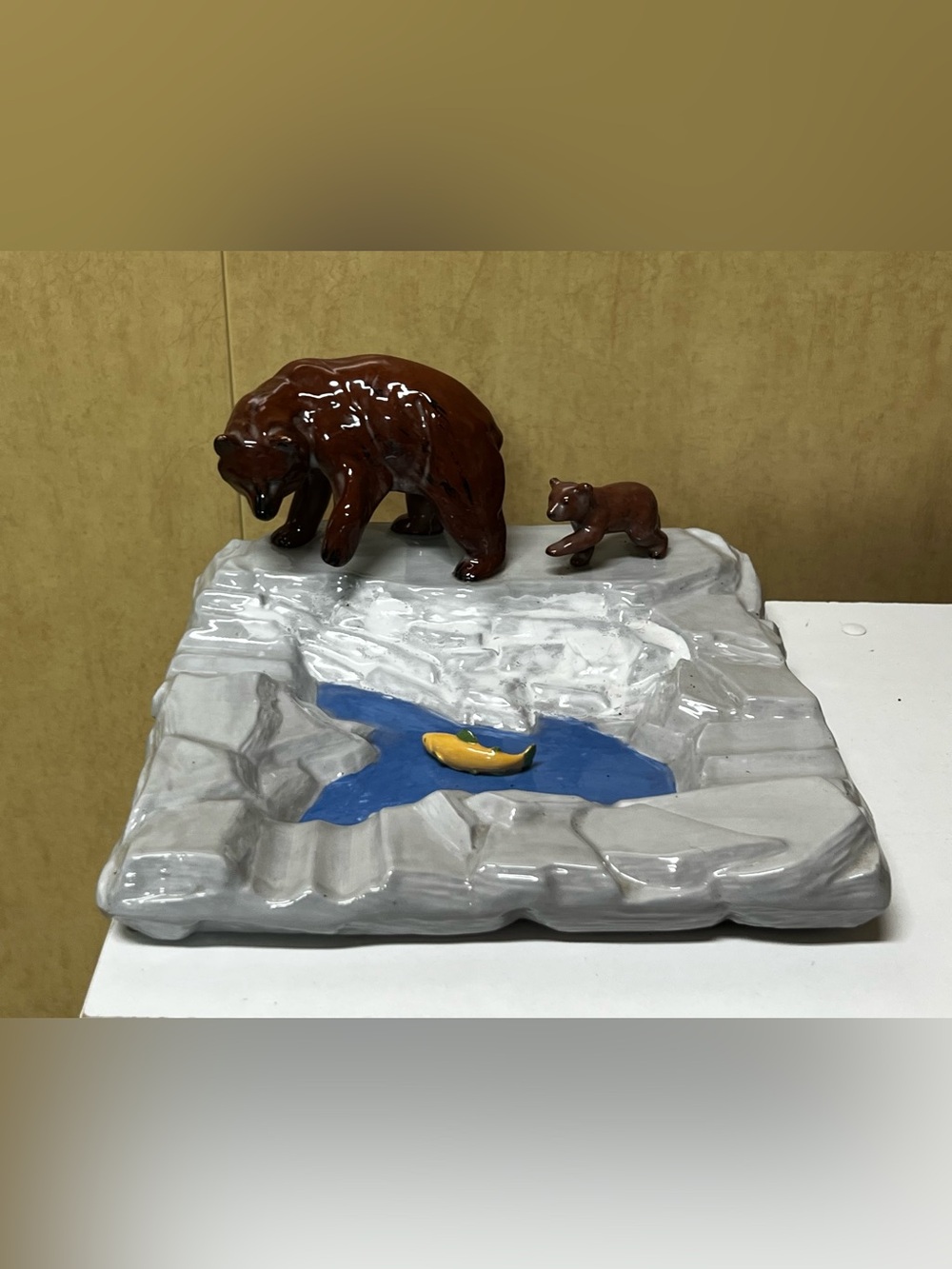 Vintage Polar Bear with Cub Ceramic Ashtray or Decor Display.